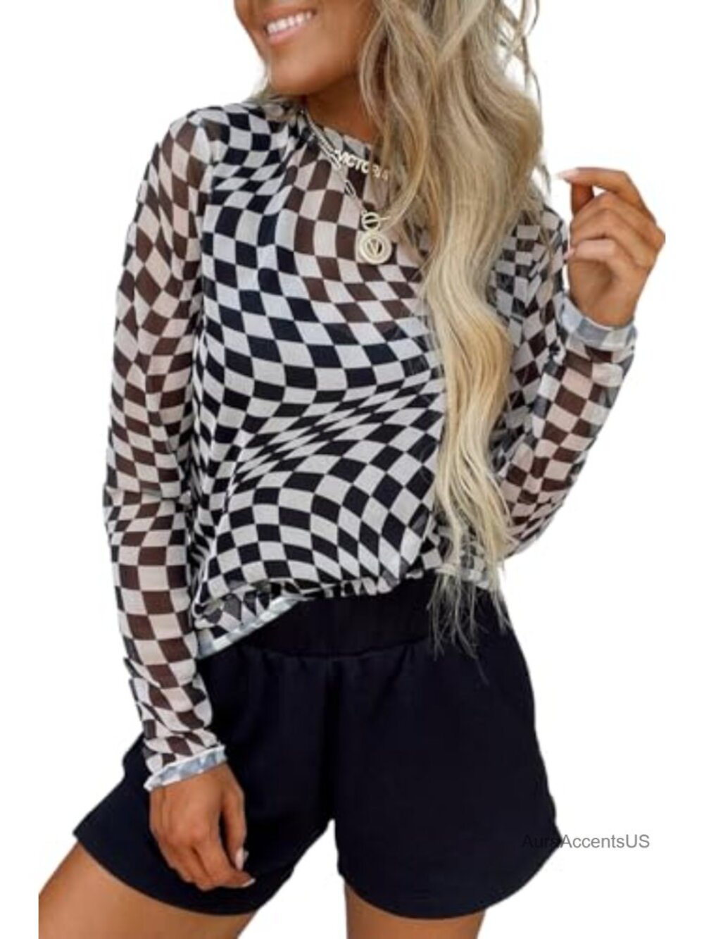 Women Mesh Long Sleeve Checkered Print Sheer Mock Neck Undershirt
